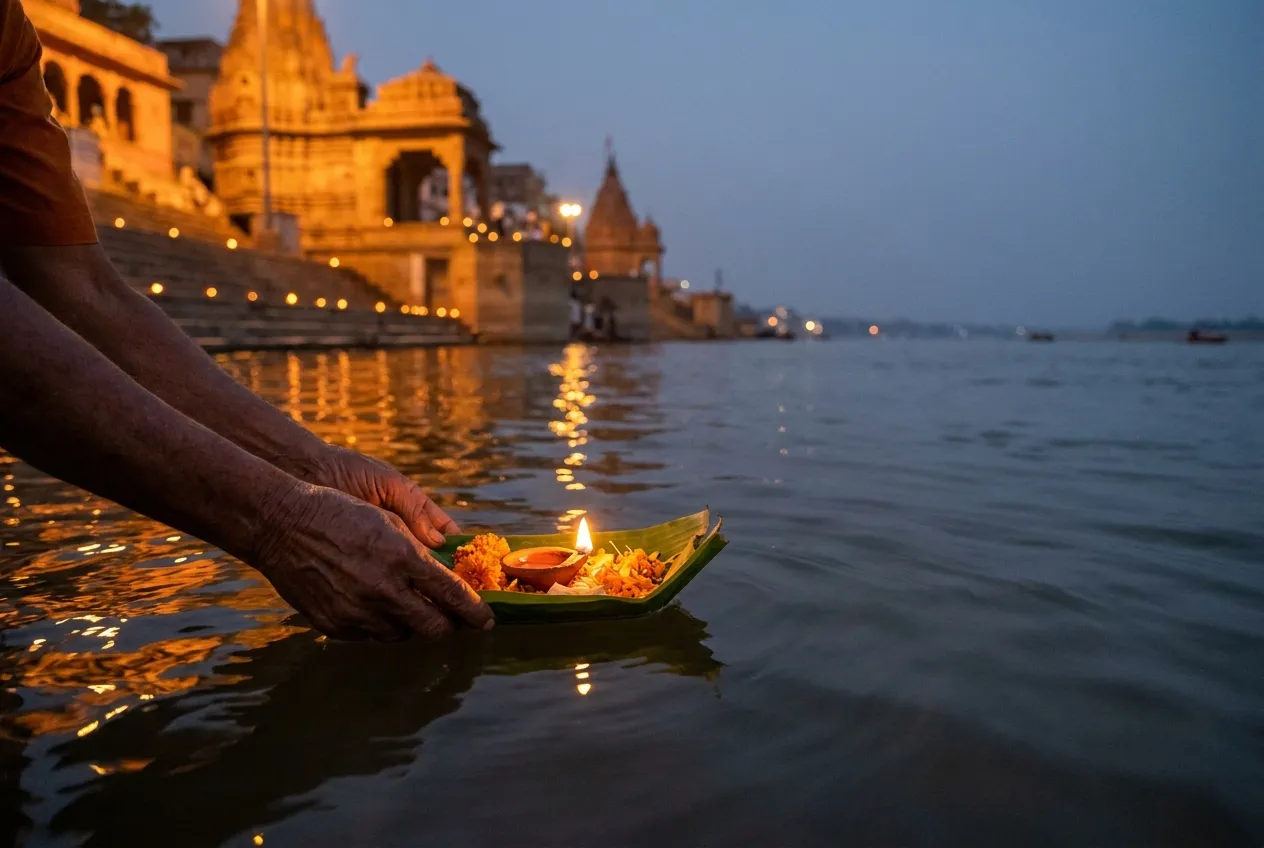 A pilgrim floating a lit diya and marigold petals on the Godavari at dusk