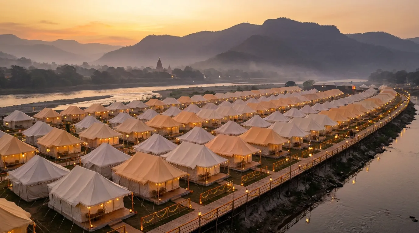Premium pilgrim tent city glowing at golden hour on the Godavari river near Trimbakeshwar, with the Brahmagiri hills behind.