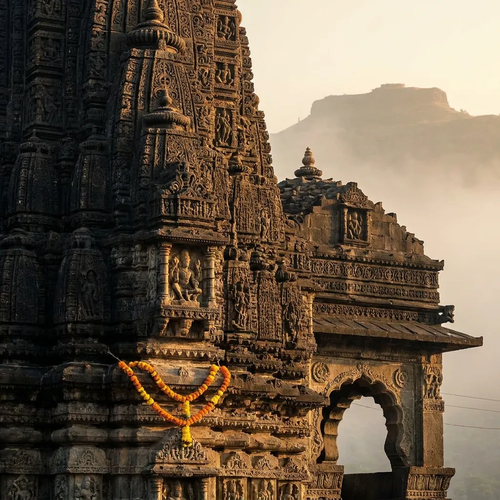 Carved stone spire of the Trimbakeshwar Jyotirlinga temple at sunrise