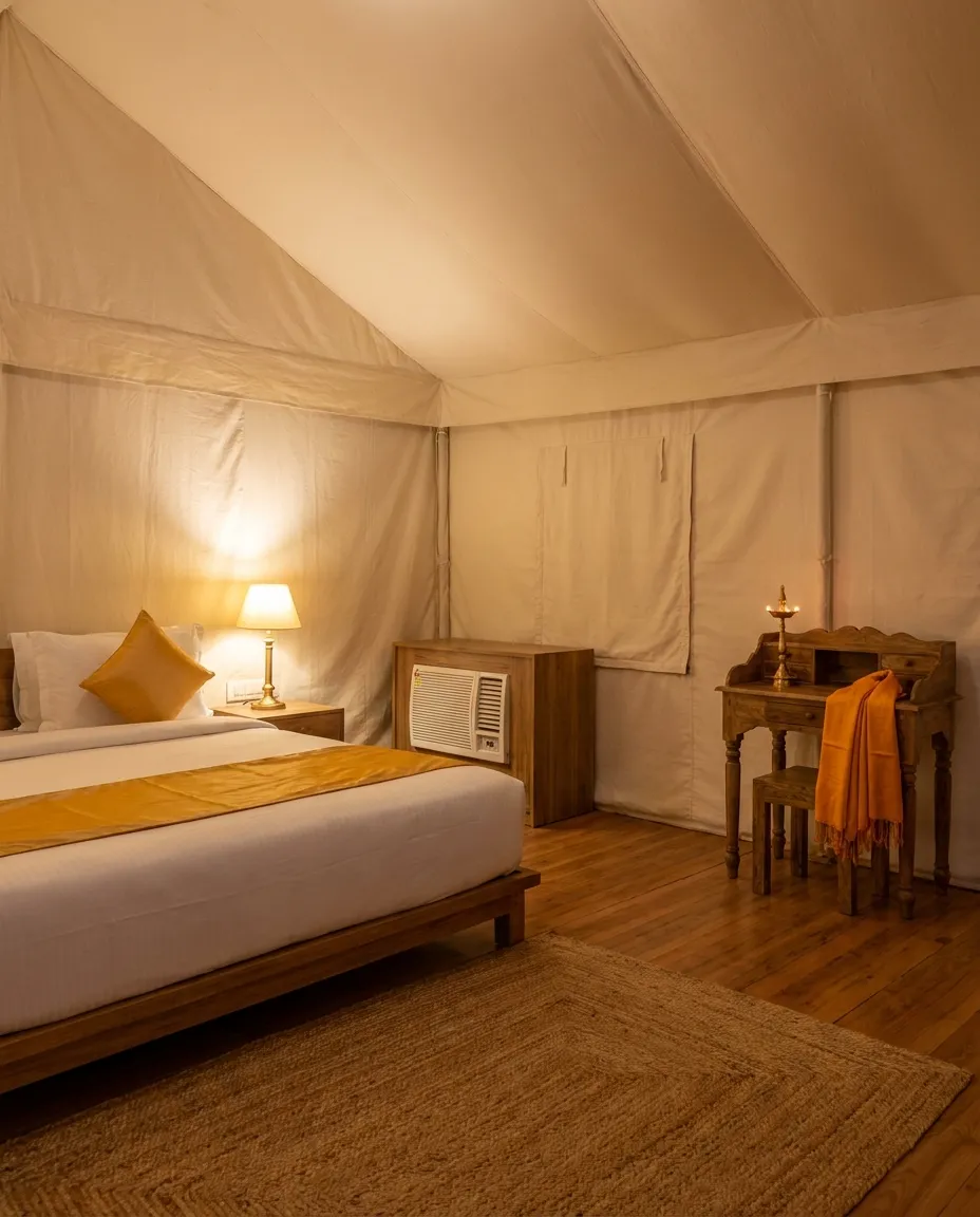 Interior of a furnished luxury tent with a king bed and warm lighting
