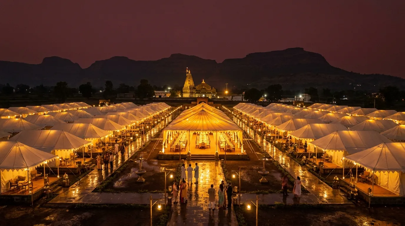 The tent city glowing at blue hour beside the river