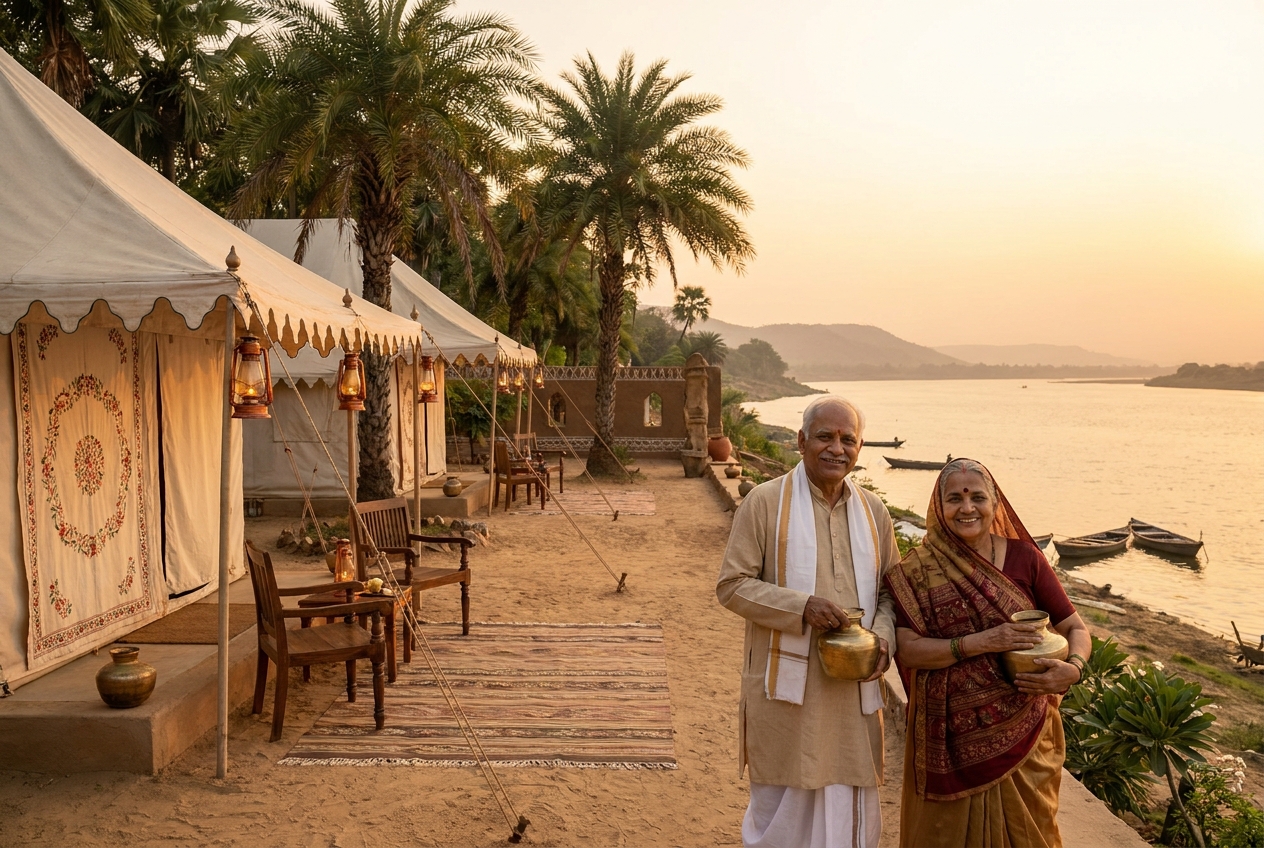Luxury pilgrimage tent camp on the Godavari riverbank at Trimbakeshwar — serene and welcoming