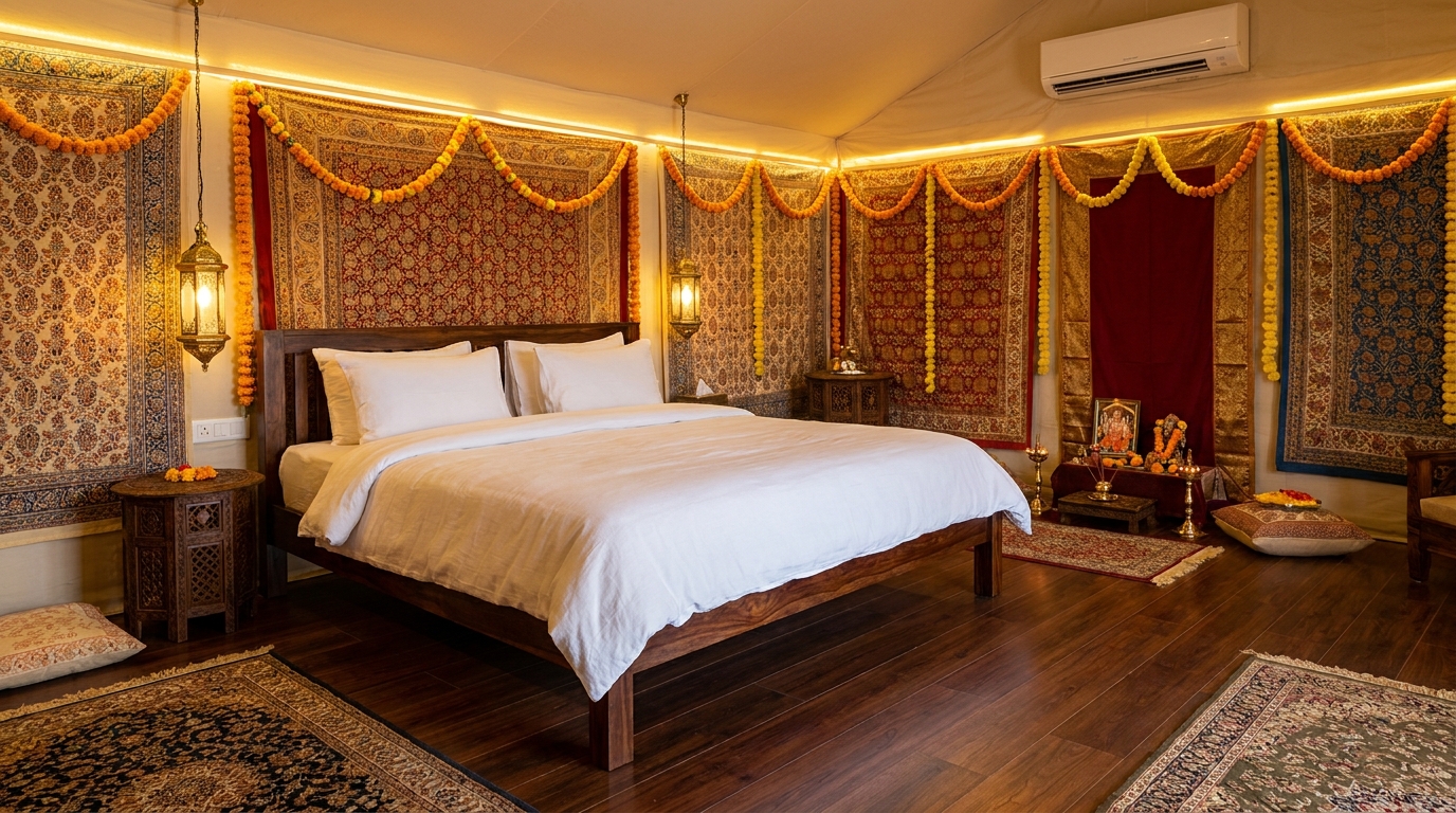 Interior of an elegant air-conditioned luxury pilgrimage tent with king bed, white linen and warm wooden flooring