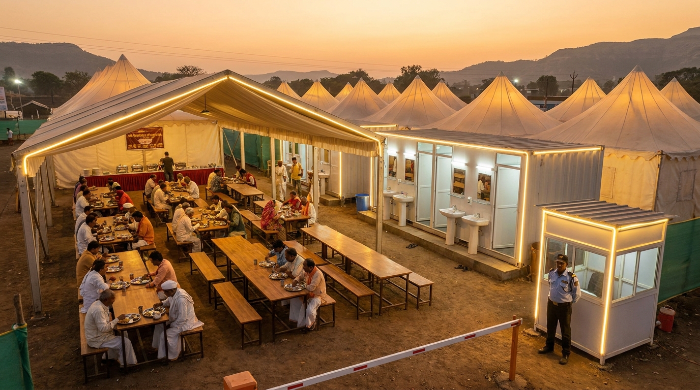 Well-lit tent camp facilities at Trimbakeshwar Kumbh Mela — clean dining, security post and tents at golden hour