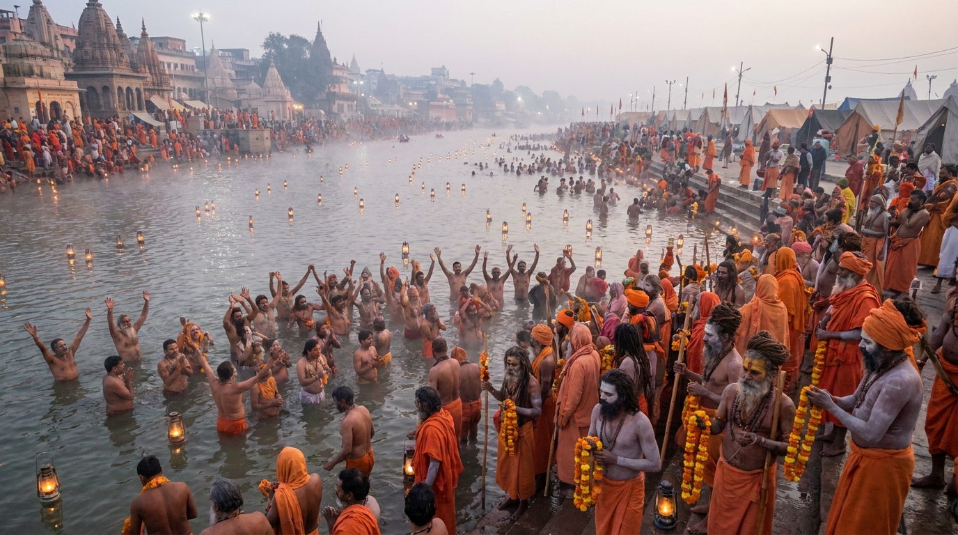 Vast crowd of Hindu pilgrims taking the holy bath at a sacred river ghat during Kumbh Mela with saffron-clad sadhus and morning mist