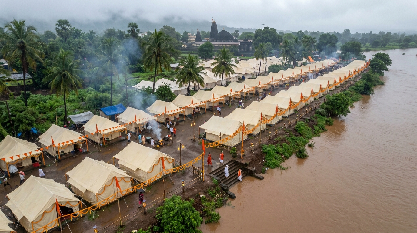 Aerial view of a premium tent city camp on the banks of the Godavari river at Trimbakeshwar during Kumbh Mela