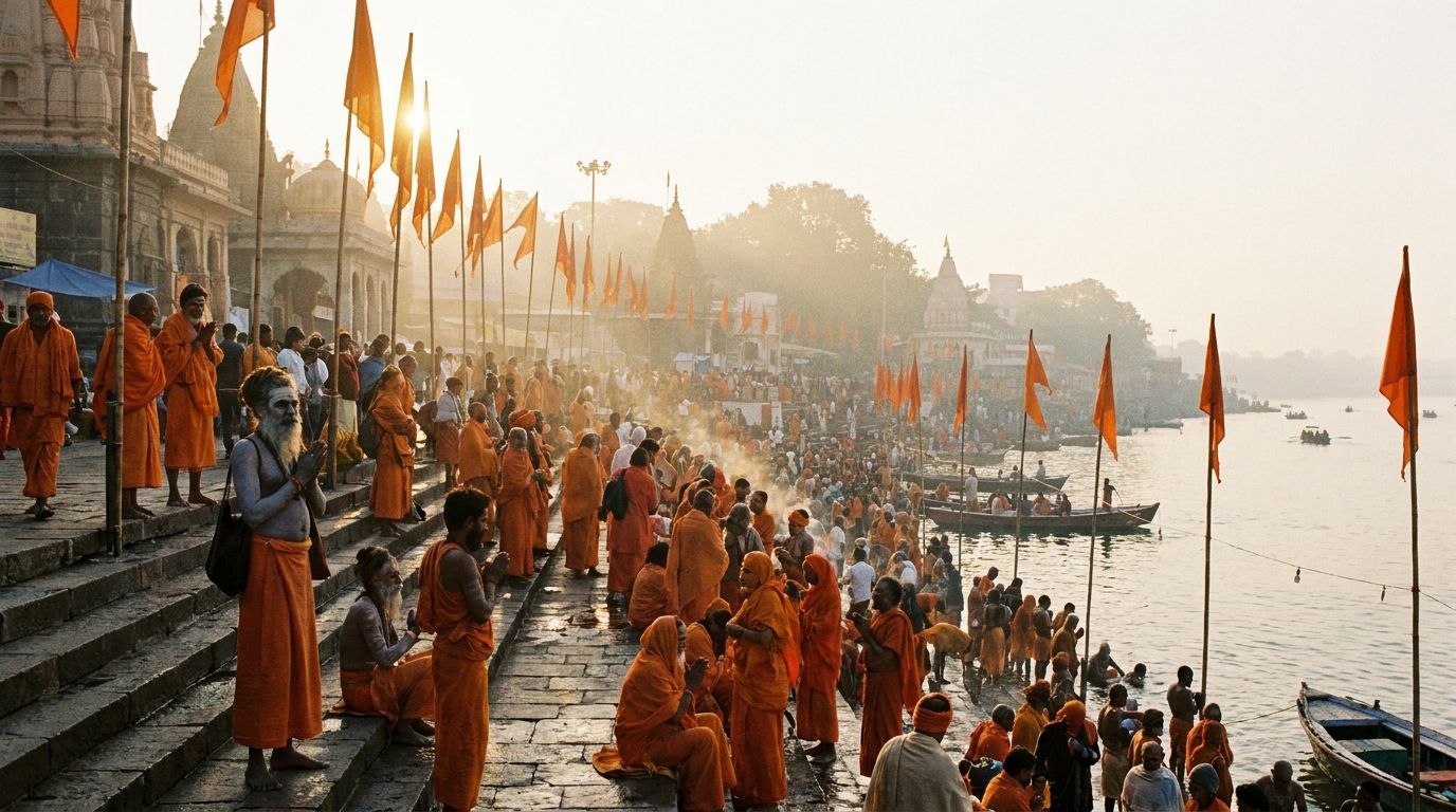Panoramic view of the Nashik Godavari river ghats at dawn during Kumbh Mela with pilgrims and saffron flags