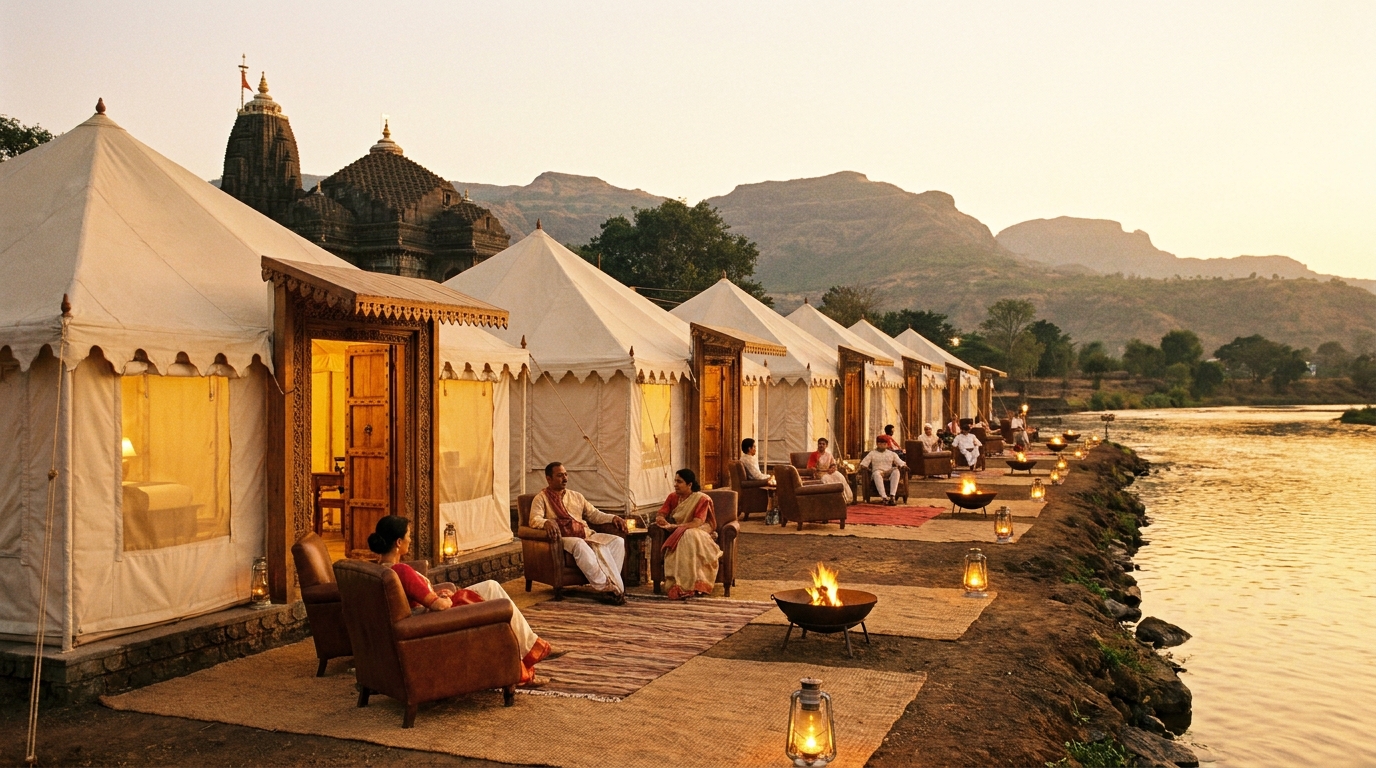 Row of premium cream canvas tents at golden hour in a luxury pilgrimage camp near Trimbakeshwar