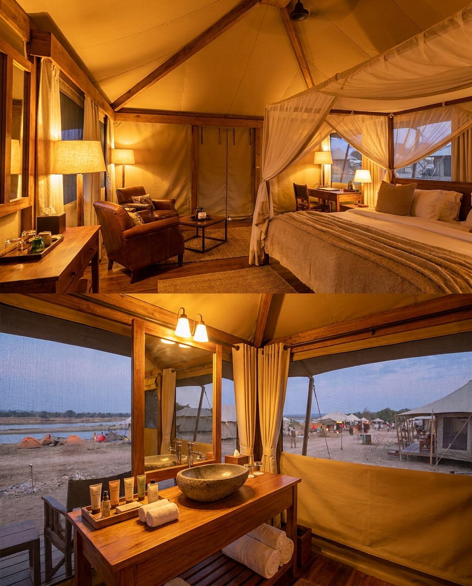 Interior of the AC Luxury tent — Our finest tent — fully air-conditioned suite.