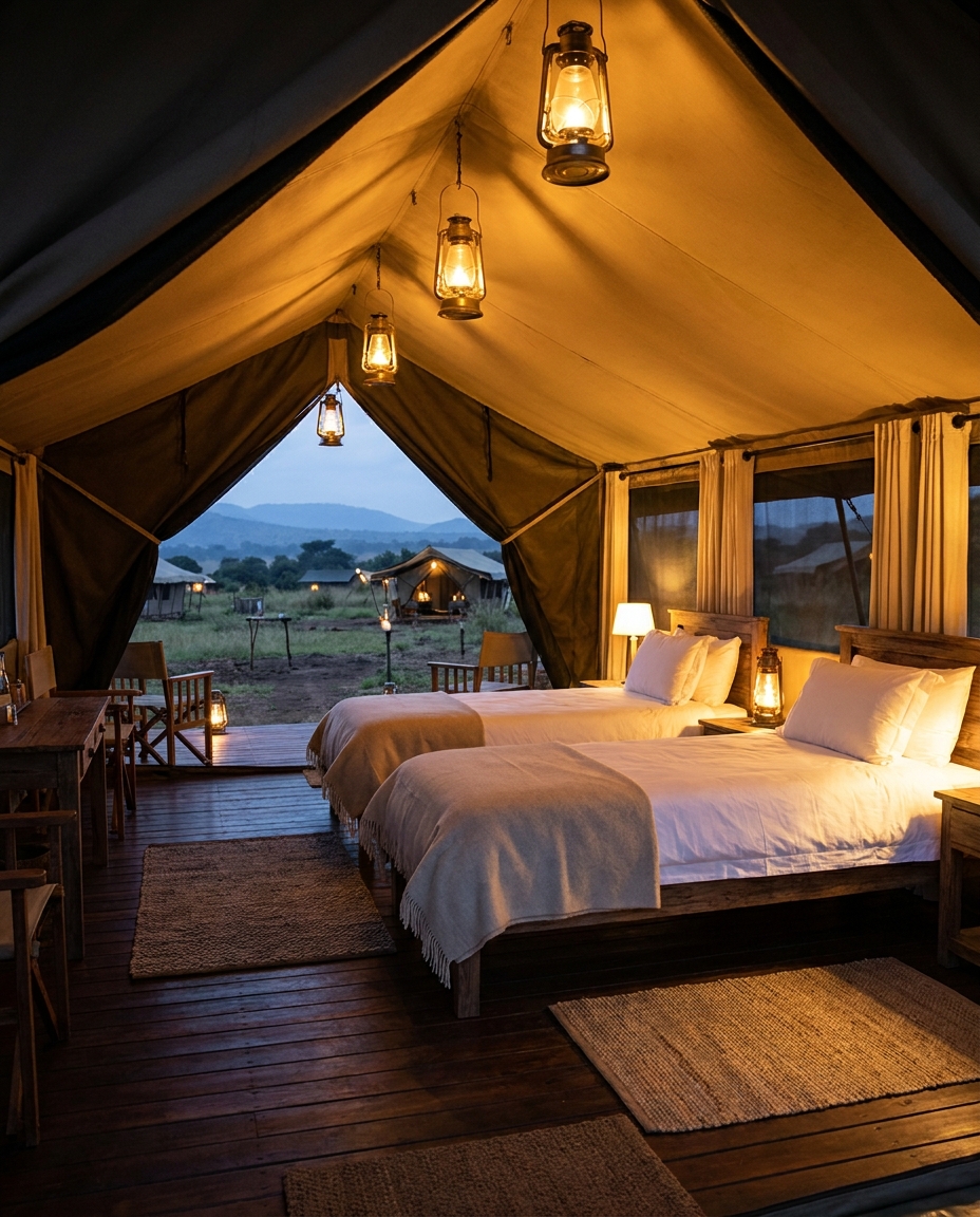 Interior of the Deluxe tent — Comfortable, clean and close to the ghats.