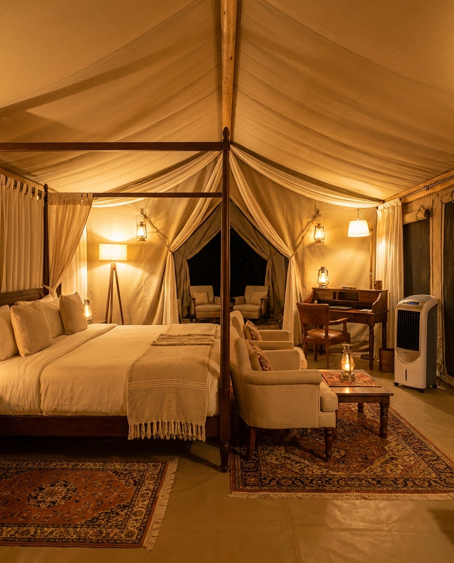 Interior of the Premium tent — Extra space, riverside calm, elevated service.