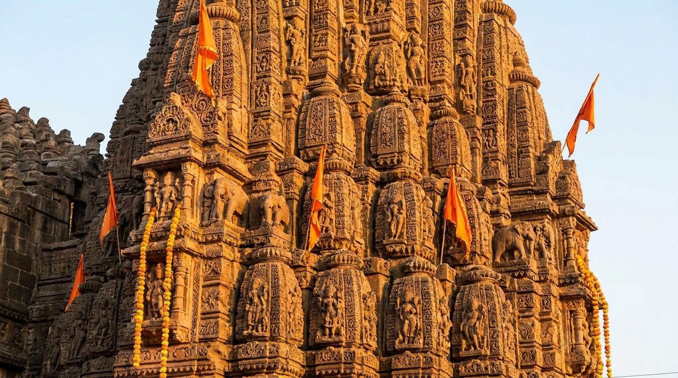 Close-up of the ancient stone shikhara spire of Trimbakeshwar Jyotirlinga temple at golden hour, intricate carved Hemadpanthi architecture